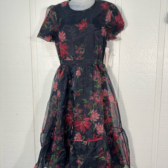 Rachel Parcell Black Orchard Floral Print Tulle Short Sleeve Dress Size 8 NWT - Picture 4 of 14